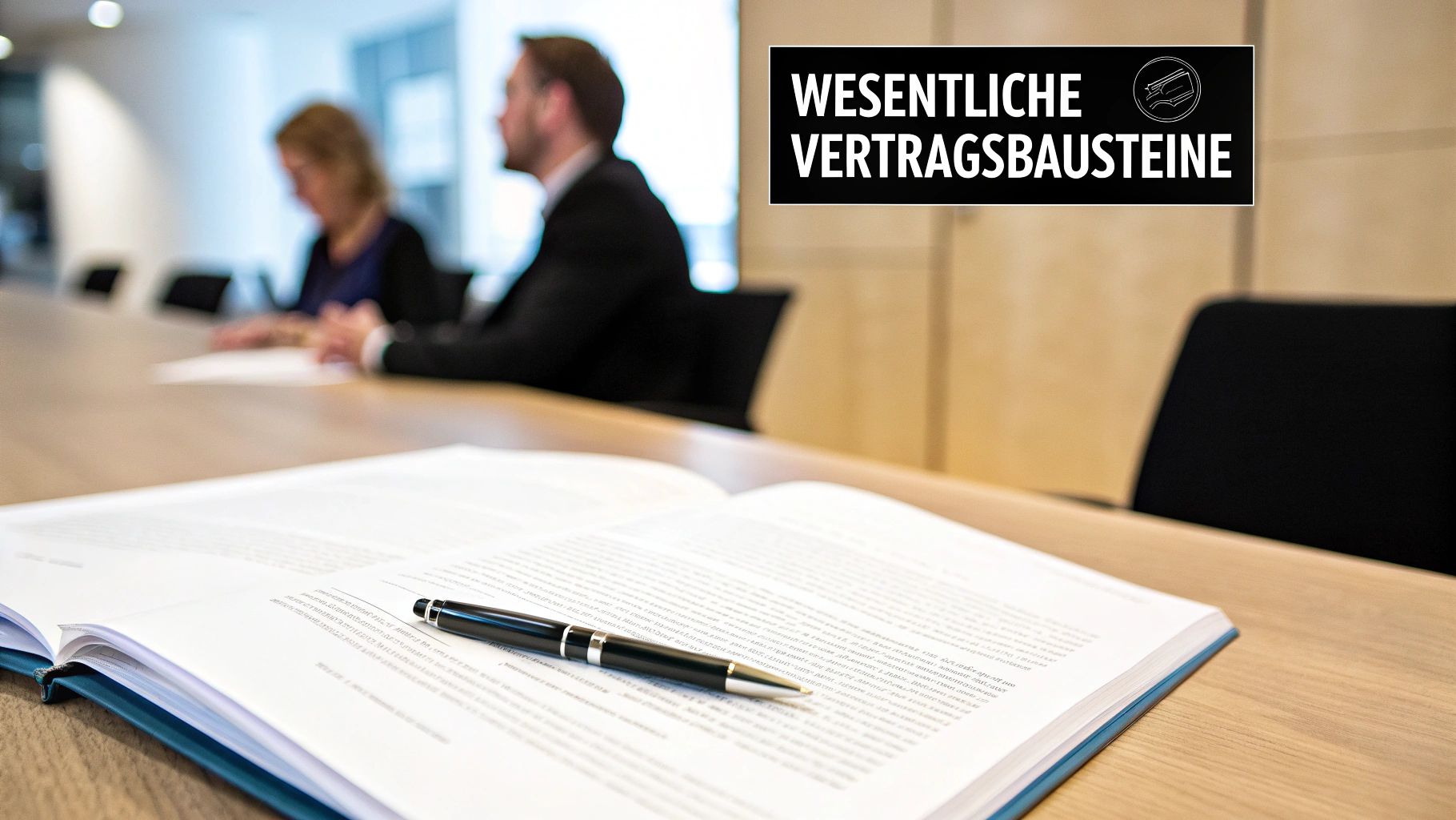 Offenes Buch mit Stift auf einem Tisch in einem Besprechungsraum, Fokus auf wesentliche Vertragsbausteine.