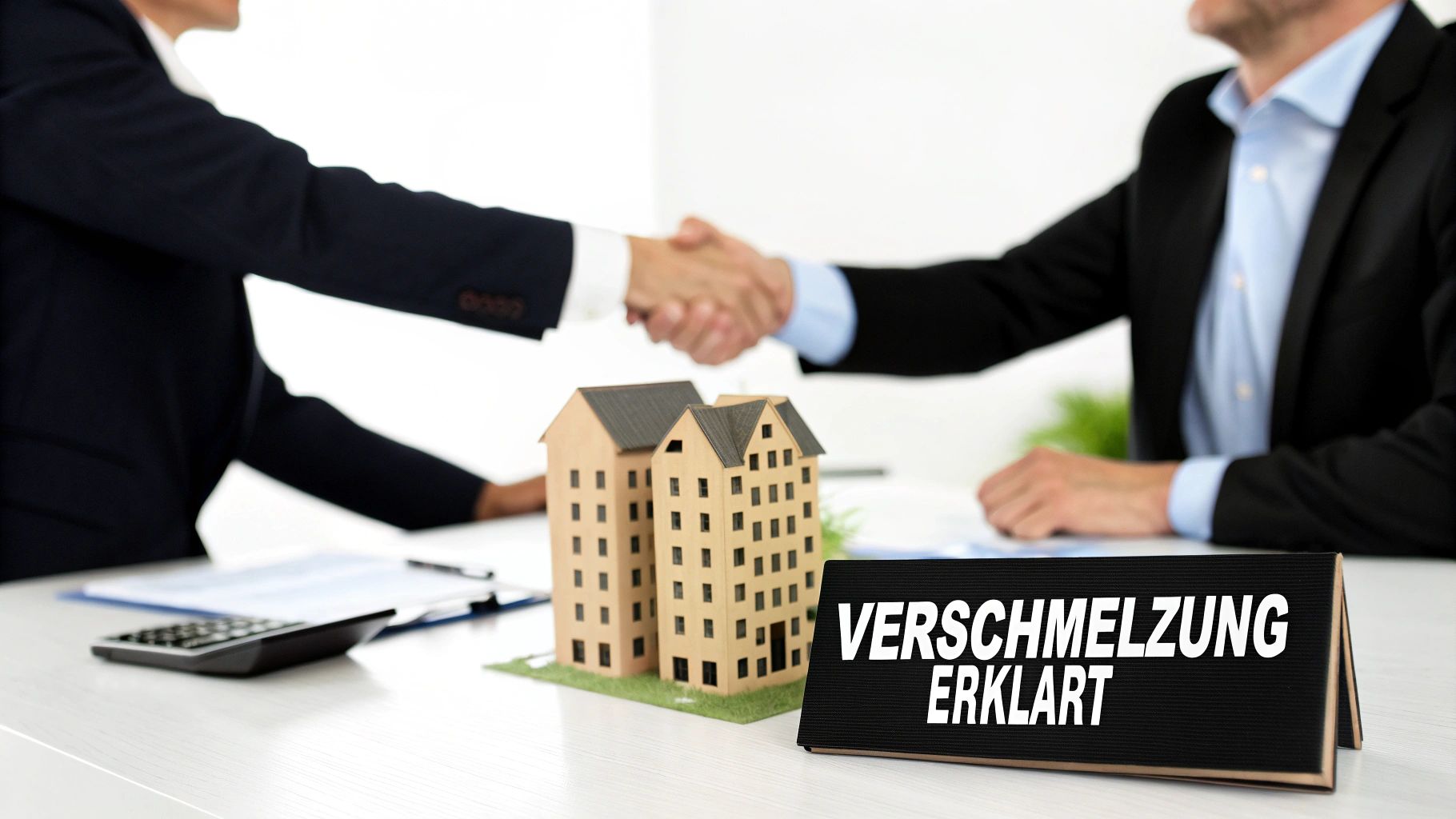 Zwei Geschäftsleute schütteln sich die Hände bei einem Immobiliendeal mit Gebäudemodellen und einem Schild „Verschmelzung Erklärt“.