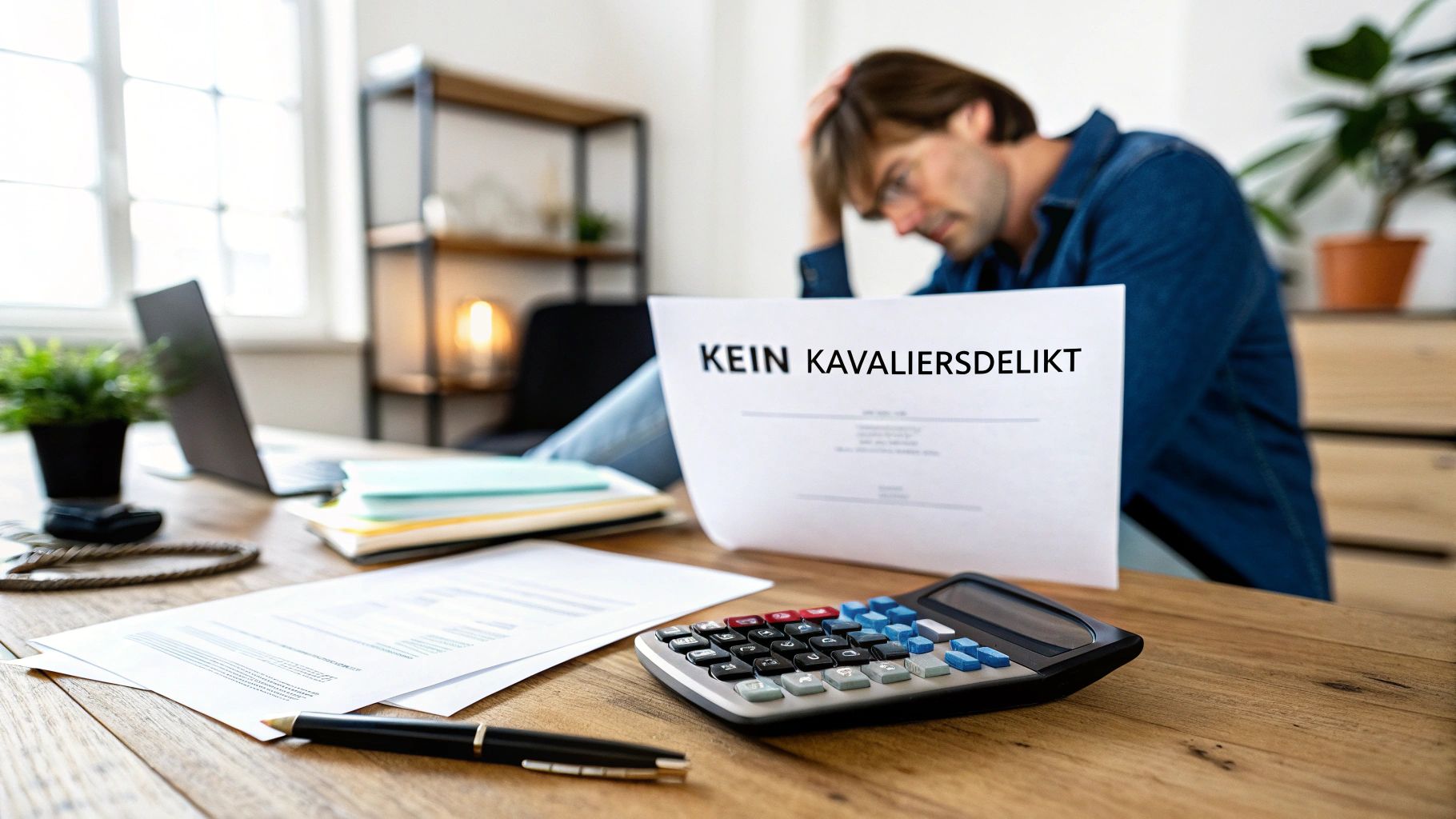 Gestresster Mann am Schreibtisch mit Dokumenten und Rechner, liest 'KEIN KAVALIERSDELIKT'.