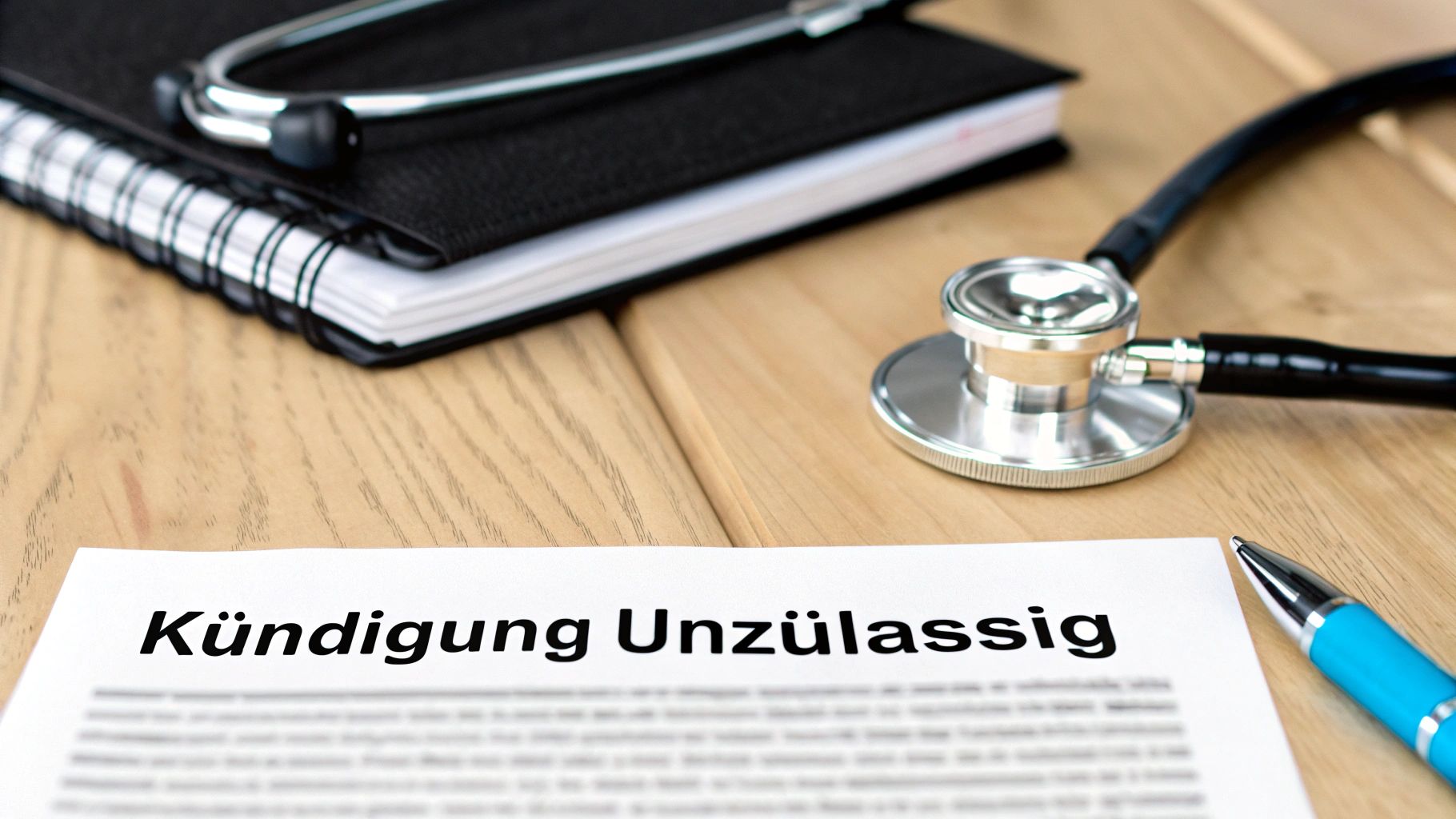 Auf einem Holztisch liegen ein Stethoskop, ein Notizbuch und ein Dokument mit dem Text „Kündigung Unzulässig“.