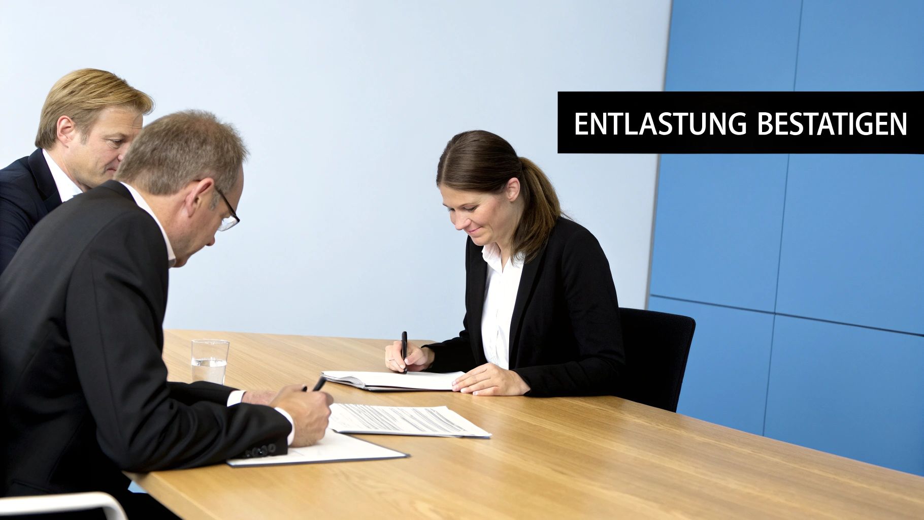 Drei Geschäftspartner unterschreiben Dokumente an einem Holztisch. Eine Frau und zwei Männer konzentrieren sich auf die Papiere.