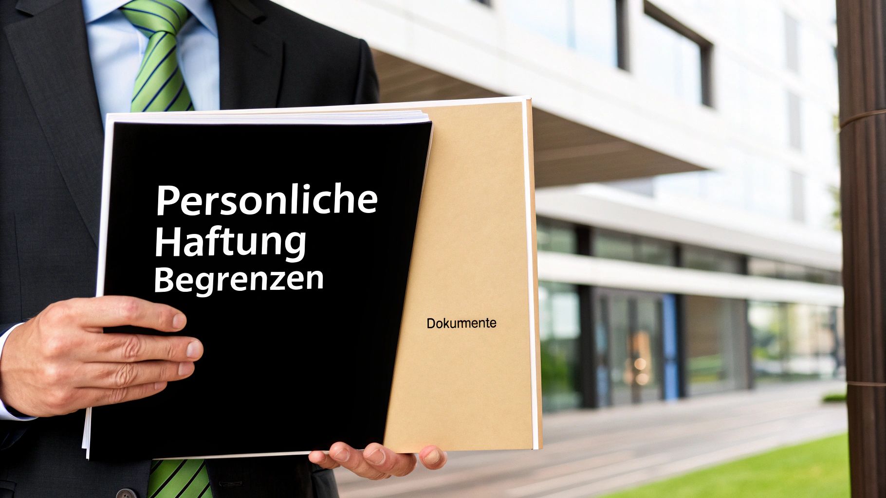 Mann im Anzug hält Ordner mit der Aufschrift 'Persönliche Haftung Begrenzen' und 'Dokumente' vor einem modernen Gebäude.