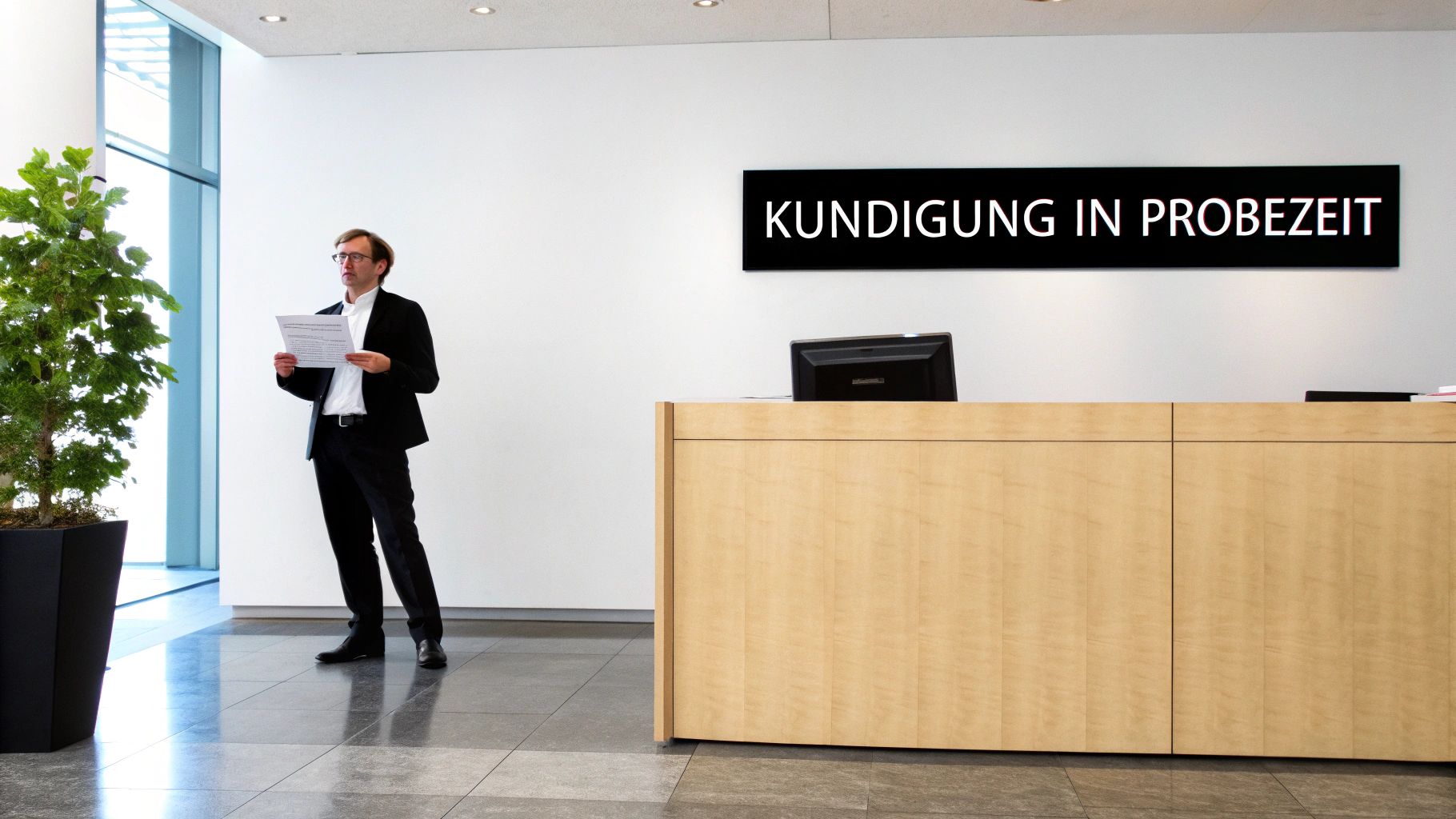 Ein Mann im Anzug liest ein Dokument in einem Büro mit einem Schild 'Kündigung in Probezeit' über einem Empfangstresen.