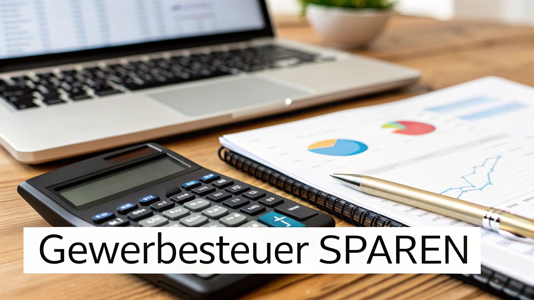 Schreibtisch mit Laptop, Taschenrechner, Notizbuch mit Diagrammen und dem Text 'Gewerbesteuer SPAREN'.