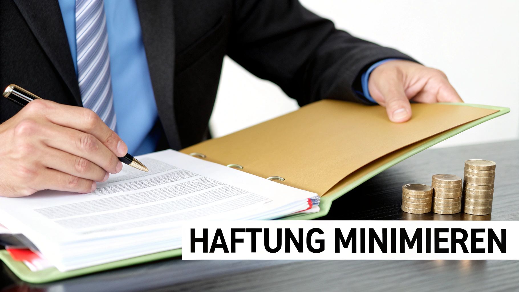 Ein Geschäftsmann unterschreibt wichtige Dokumente, neben gestapelten Münzen, die auf finanzielle Angelegenheiten und Verantwortung hinweisen.