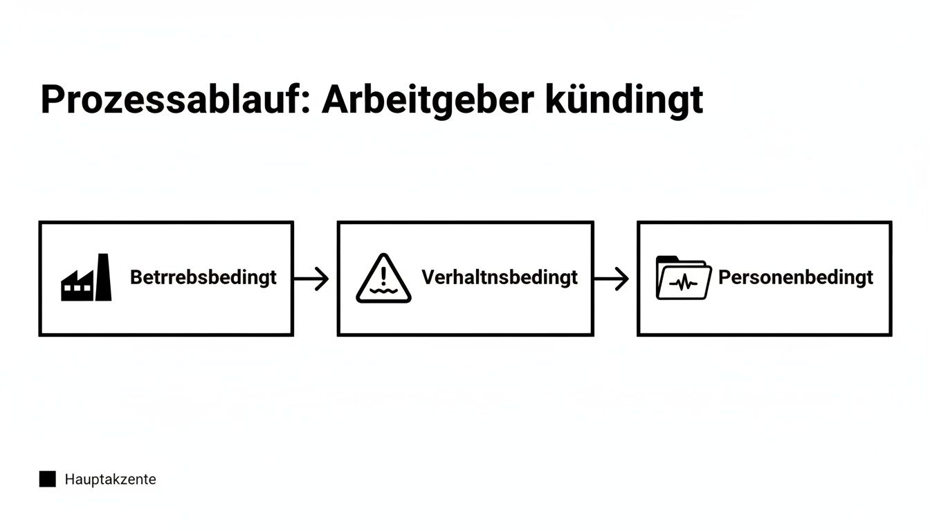 Prozessablauf der Arbeitgeberkündigung: Darstellung von betriebs-, verhaltens- und personenbedingten Kündigungsgründen in einem Flussdiagramm.