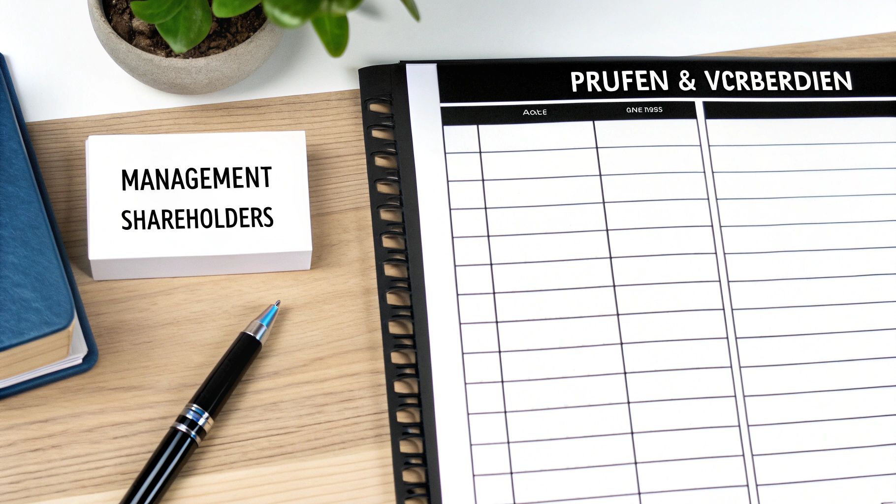 Schreibtisch mit Notizkarten 'MANAGEMENT SHAREHOLDERS', einem Notizbuch mit dem Titel 'PRUFEN & VCRBERDIEN', Stift und Pflanze.