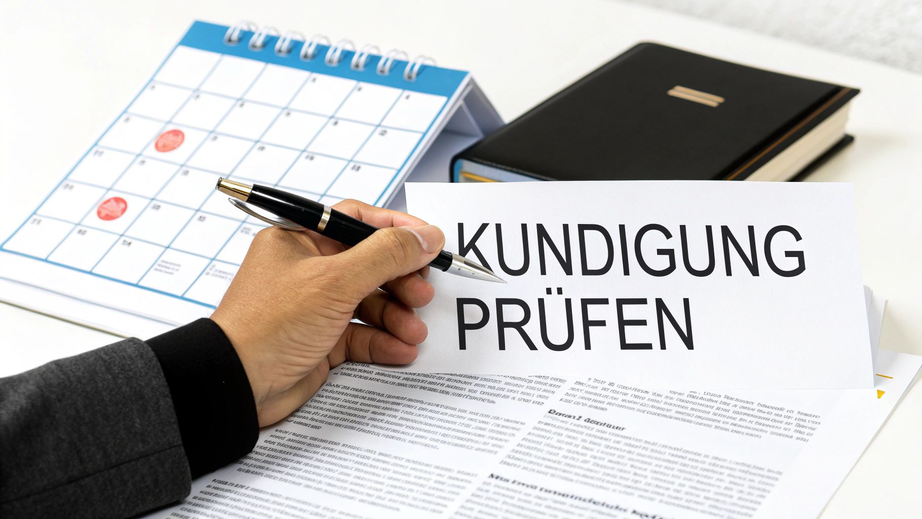 Hand prüft ein Kündigungsdokument mit Stift, im Hintergrund ein Kalender und ein Notizbuch.