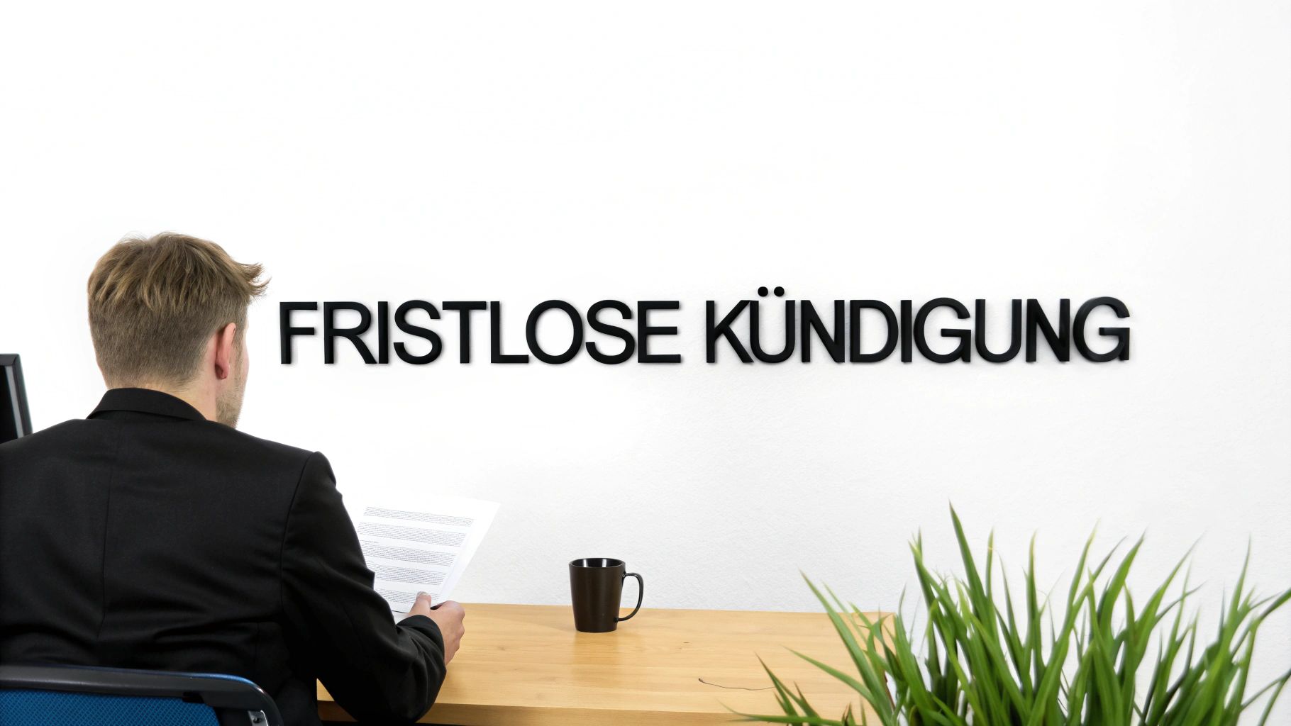 Mann im Anzug liest Papiere vor einer Wand mit der Aufschrift „Fristlose Kündigung“.