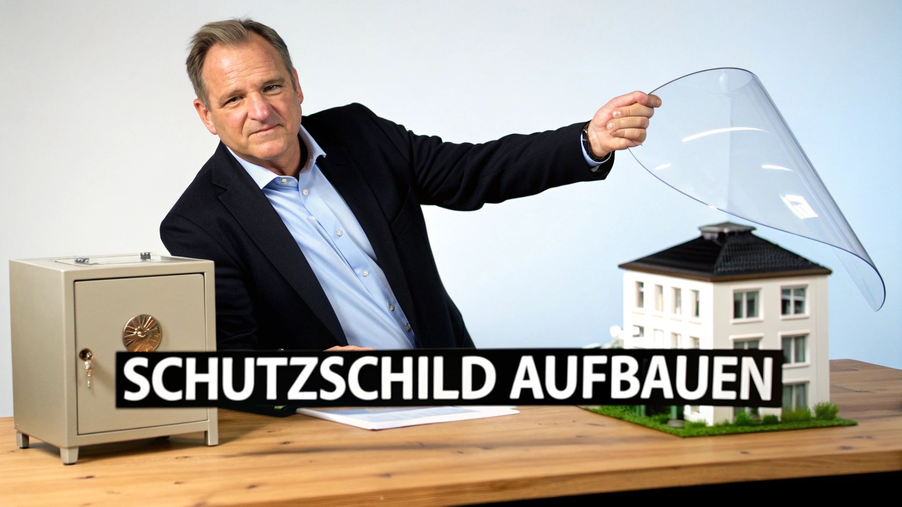 Ein Mann hält eine transparente Schutzfolie über ein Hausmodell, neben einem Safe und dem Text 'SCHUTZSCHILD AUFBAUEN'.