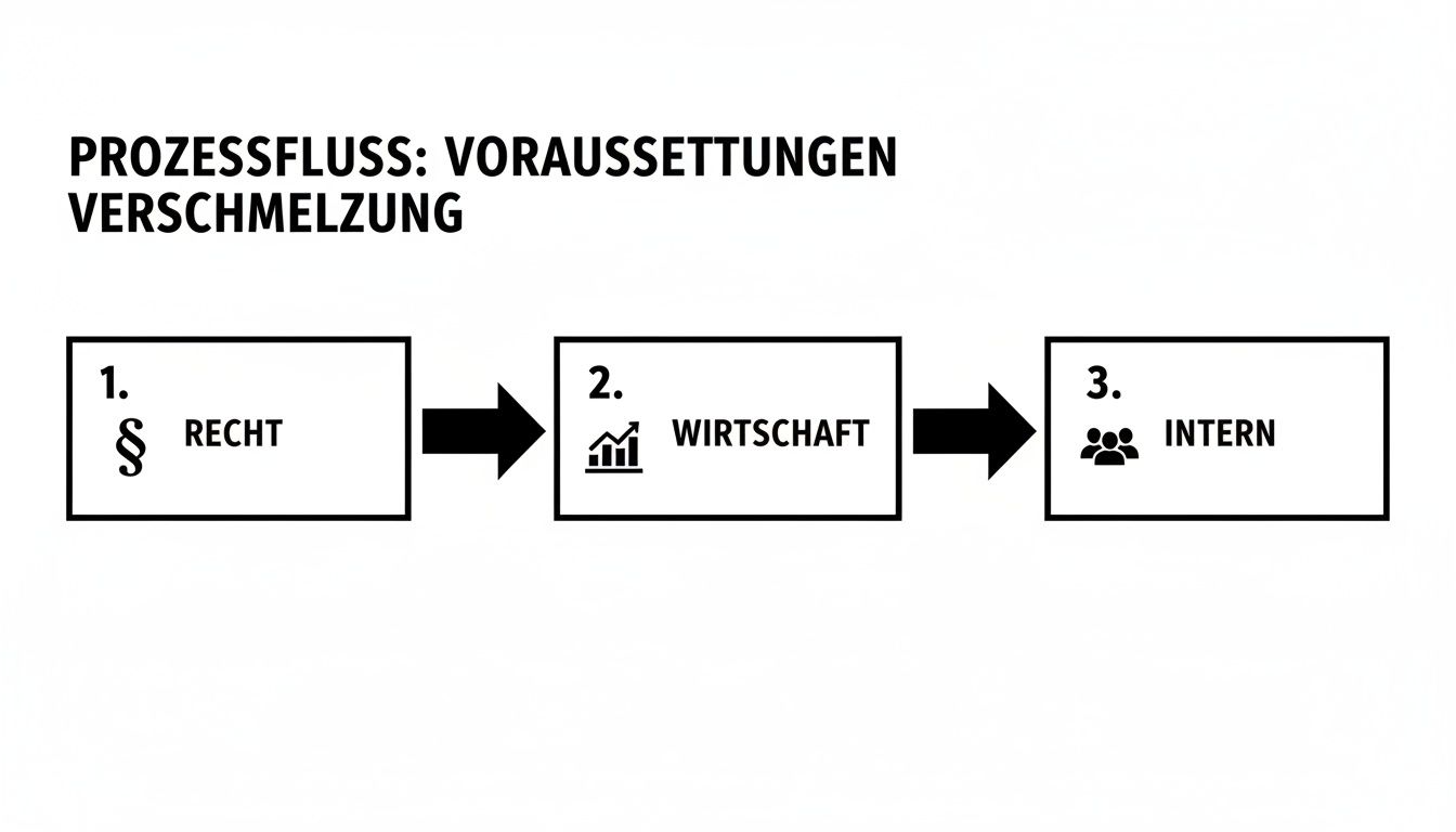 Ein Flussdiagramm zeigt die drei Voraussetzungen für eine Verschmelzung: Recht, Wirtschaft und intern.