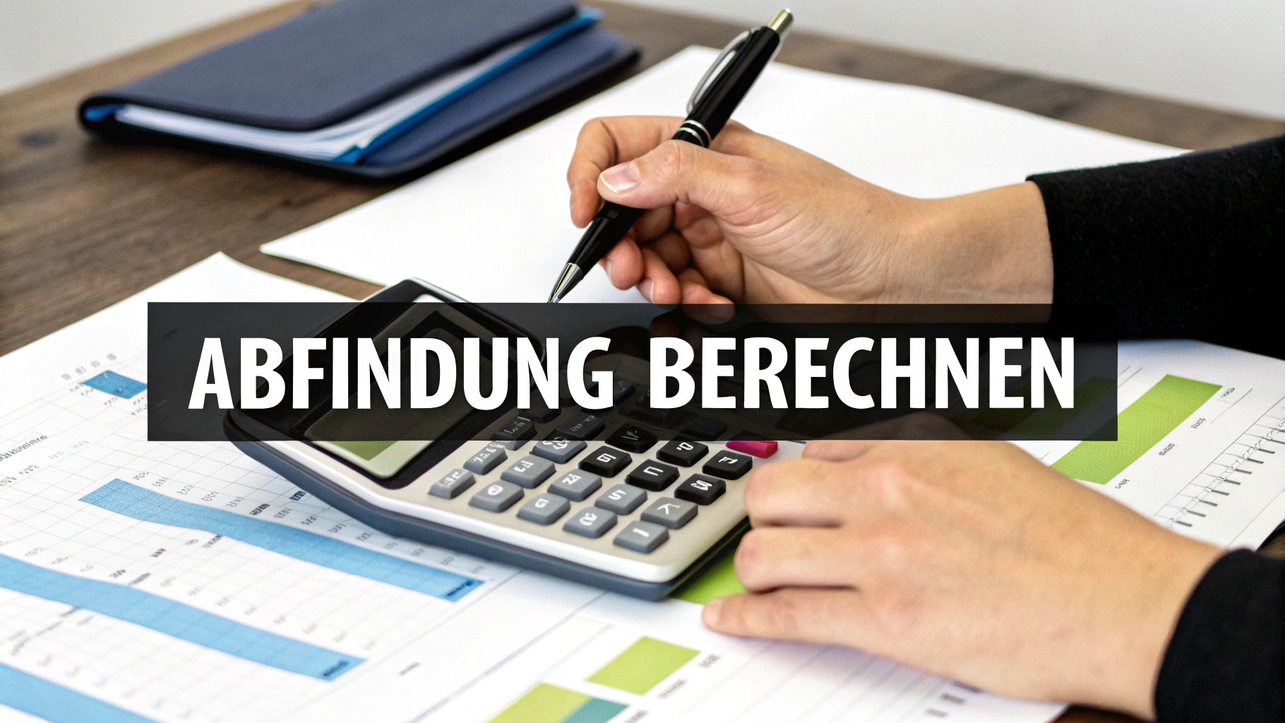 Person berechnet Abfindung auf einem Schreibtisch mit Taschenrechner, Stift und Dokumenten.