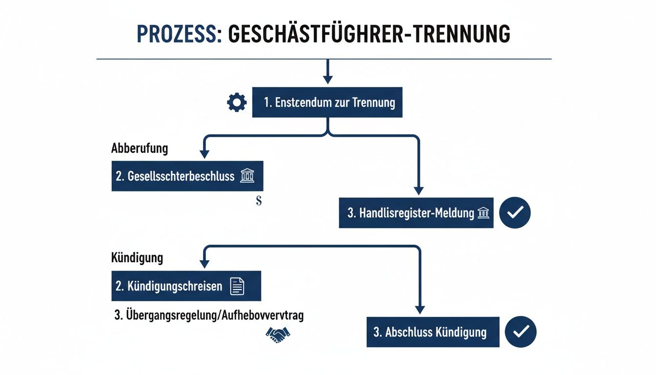 Flussdiagramm zum Prozess der Geschäftsführertrennung, das die Schritte von der Entscheidung bis zur Abberufung und Kündigung aufzeigt.
