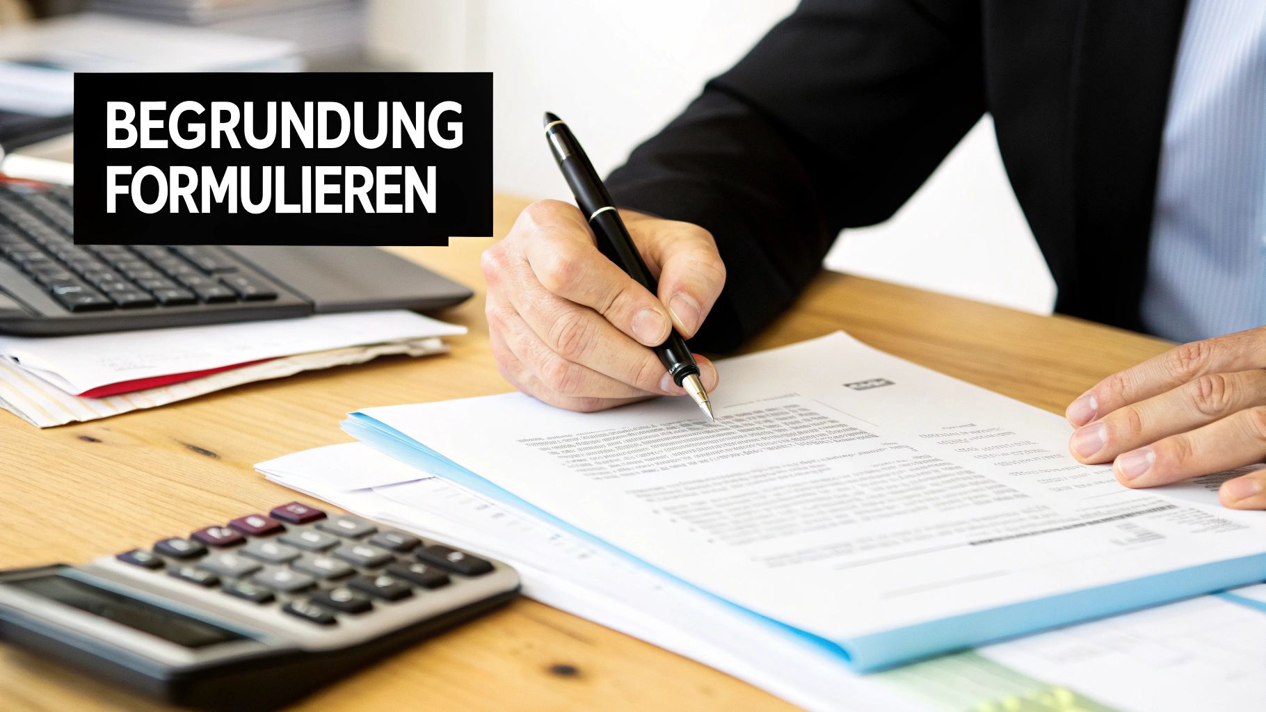 Eine Person verfasst eine Begründung an einem Schreibtisch mit Laptop und Taschenrechner.