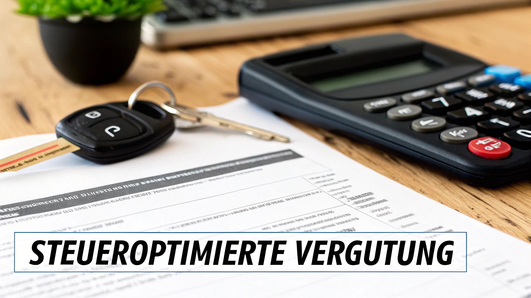Schreibtisch mit Autoschlüssel, Taschenrechner, Dokumenten und Text 'Steueroptimierte Vergütung' für finanzielle Planung.