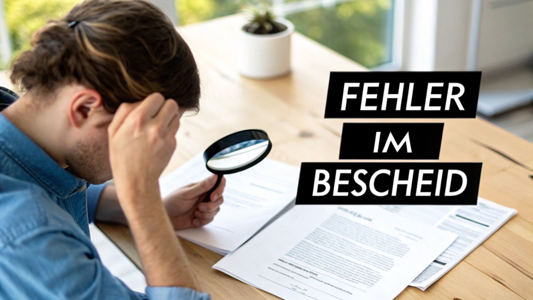 Ein Mann überprüft aufmerksam Dokumente mit einer Lupe, um Fehler im Bescheid zu finden.