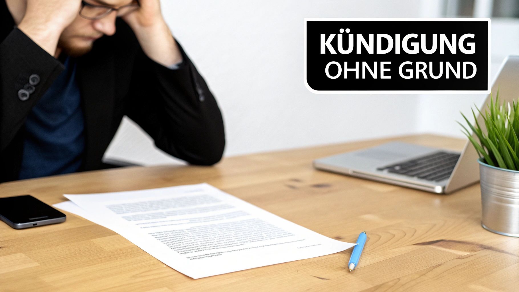 Ein gestresster Mann am Schreibtisch blickt auf eine Kündigung ohne Angabe von Gründen.