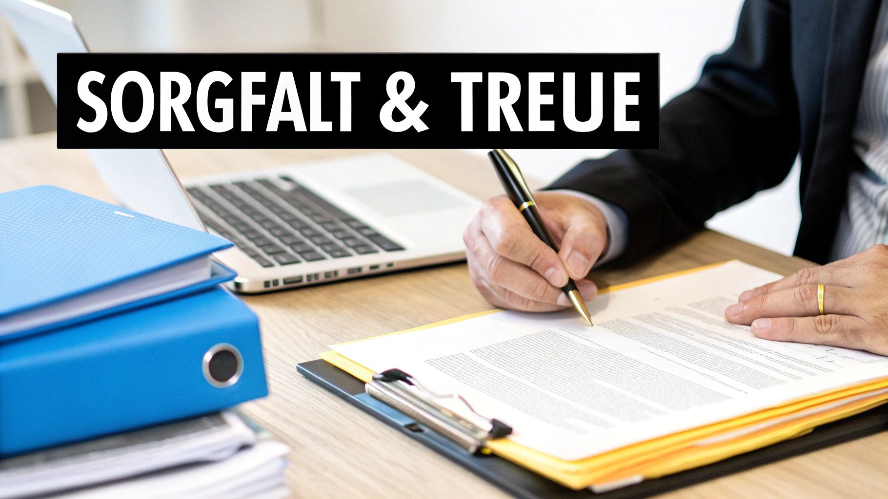 Ein Geschäftsmann unterschreibt sorgfältig Dokumente an einem Schreibtisch, mit dem Text 'Sorgfalt &amp; Treue'.