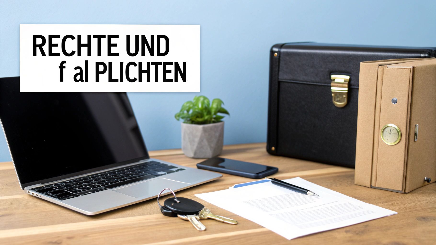 Ein Schreibtisch mit Laptop, Unterlagen, Schlüsseln und einem Schild mit der Aufschrift "Rechte und Pflichten".