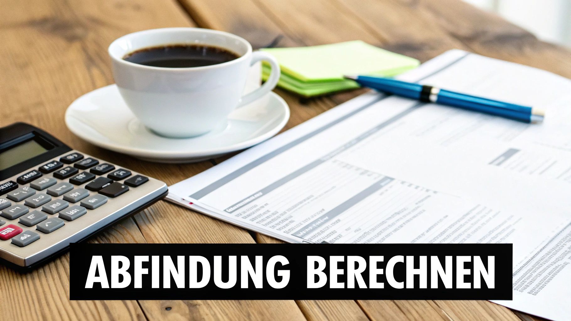 Taschenrechner, Kaffee, Unterlagen und Stift auf Holztisch mit der Aufschrift 'Abfindung berechnen'.
