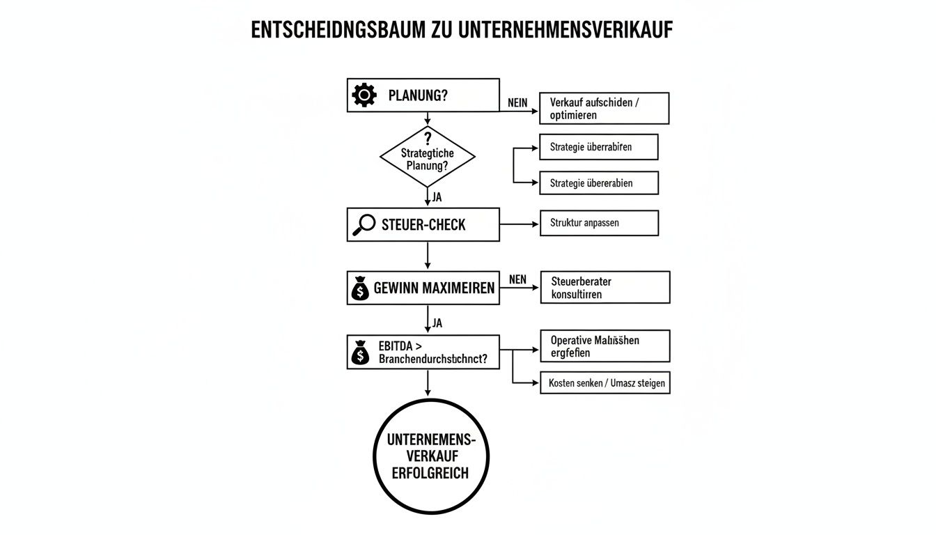 Entscheidungsbaum zum Unternehmensverkauf mit Schritten wie Planung, Steuer-Check und Gewinnmaximierung.