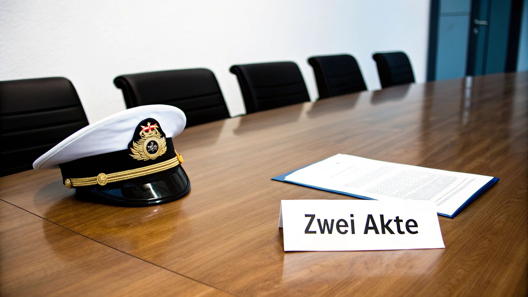Schirmmütze eines Marineoffiziers, Dokumente und ein Schild mit 'Zwei Akte' auf einem Konferenztisch.