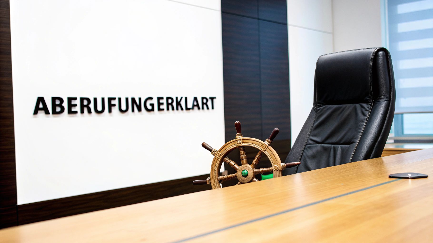 Ein leeres Büro mit schwarzem Chefsessel, Holzschreibtisch, Steuerrad-Dekoration und dem Wort 'ABBERUFUNGSERKLÄRT' an der Wand.