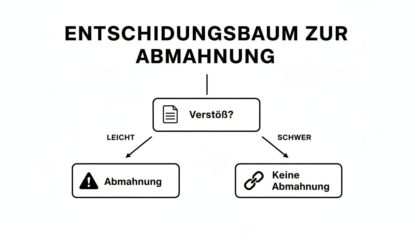 Ein Entscheidungsbaum zur Abmahnung, der prüft, ob ein Verstoß leicht oder schwer ist.