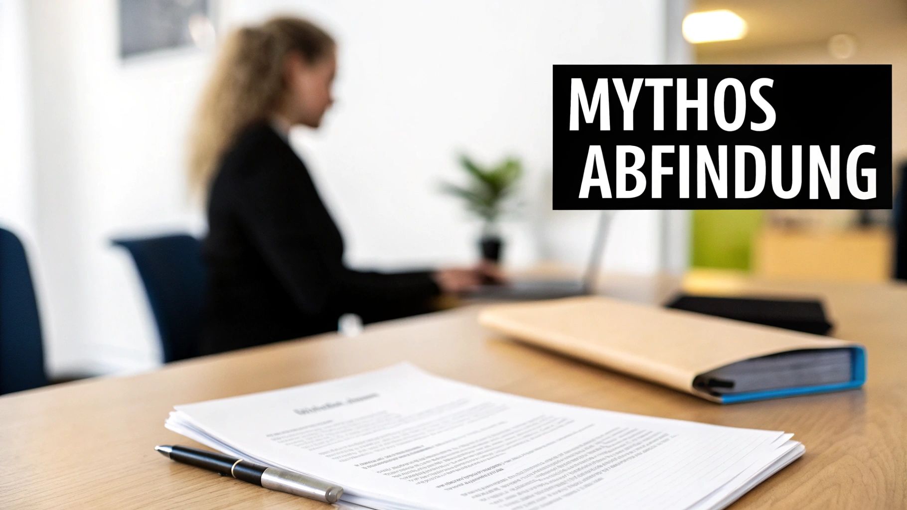 Büroszene mit einer Person am Laptop, Dokumenten auf dem Tisch und dem Text 'MYTHOS ABFINDUNG'.