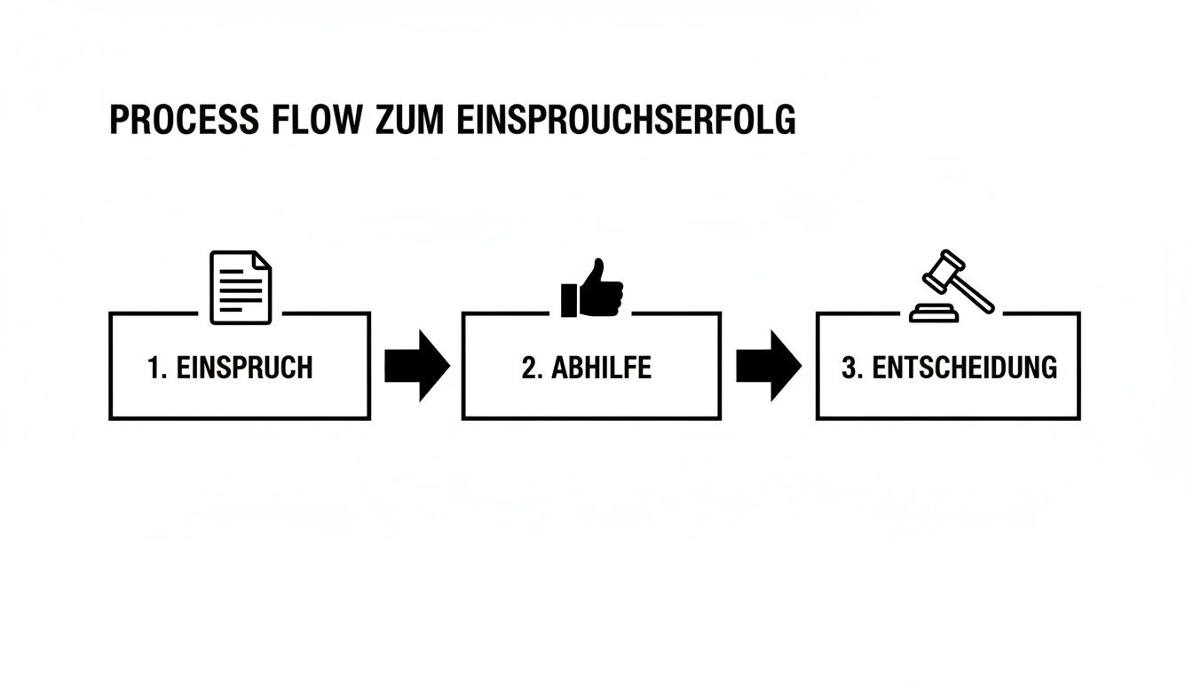 Ein Prozessflussdiagramm zeigt die drei Schritte zum Einspruchserfolg: Einspruch, Abhilfe und Entscheidung.