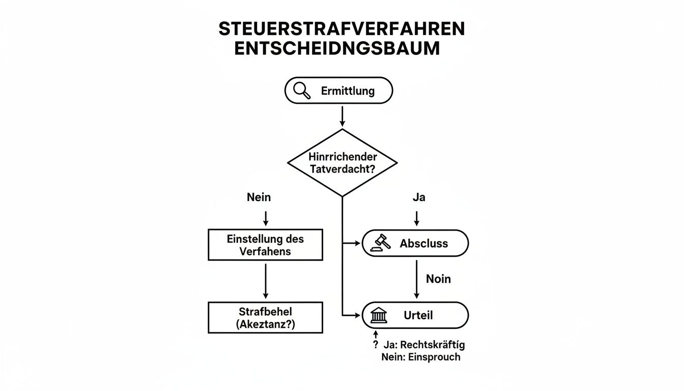 Flussdiagramm zum Steuerstrafverfahren, das die Schritte von der Ermittlung bis zum Urteil oder der Einstellung zeigt.