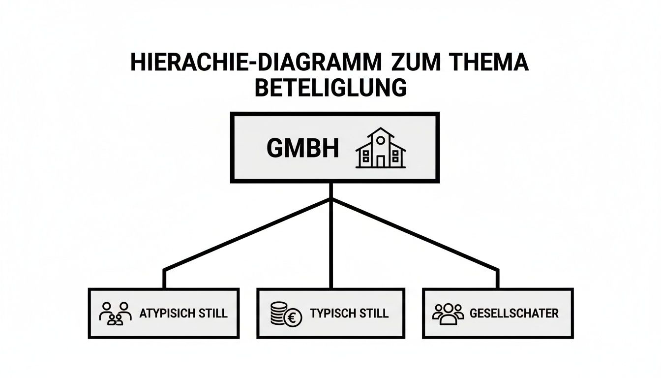 Hierarchie-Diagramm zur Beteiligung einer GmbH, aufgeteilt in atypisch stille, typisch stille Beteiligungen und Gesellschafter.