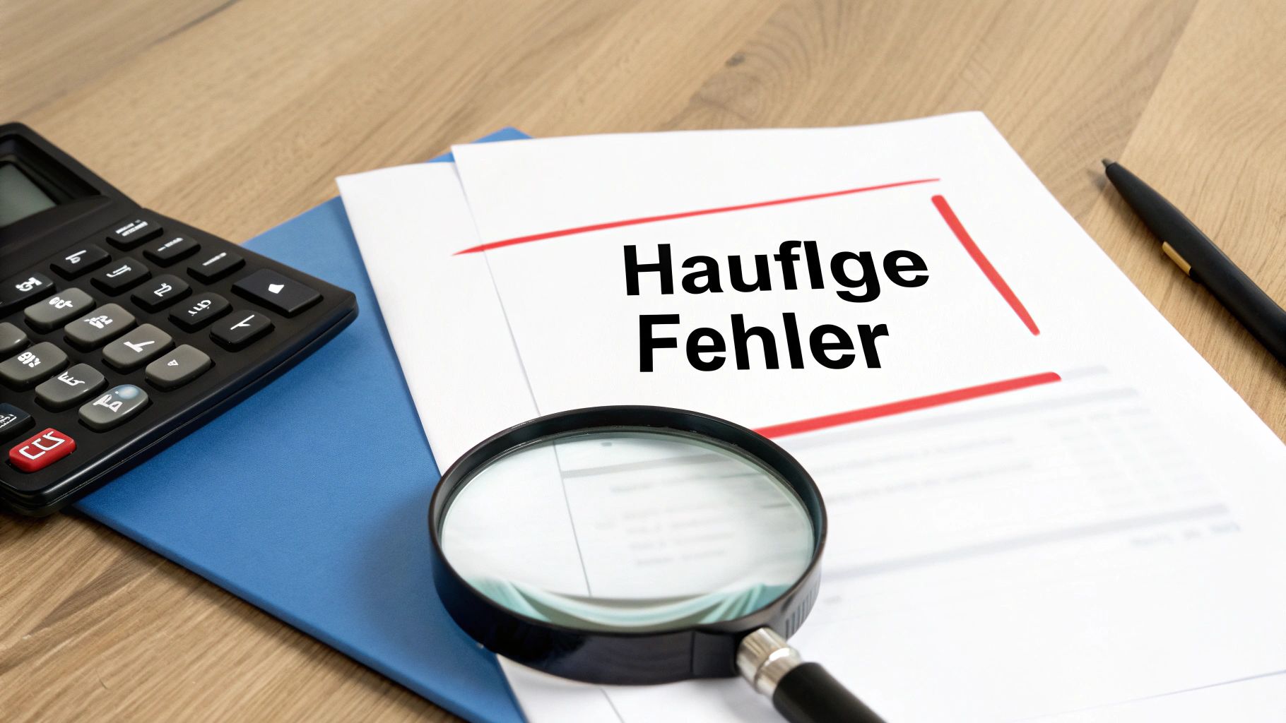 Dokument mit dem Text 'Hauflge Fehler', einer Lupe, einem Taschenrechner und einem Stift auf einem Holztisch.
