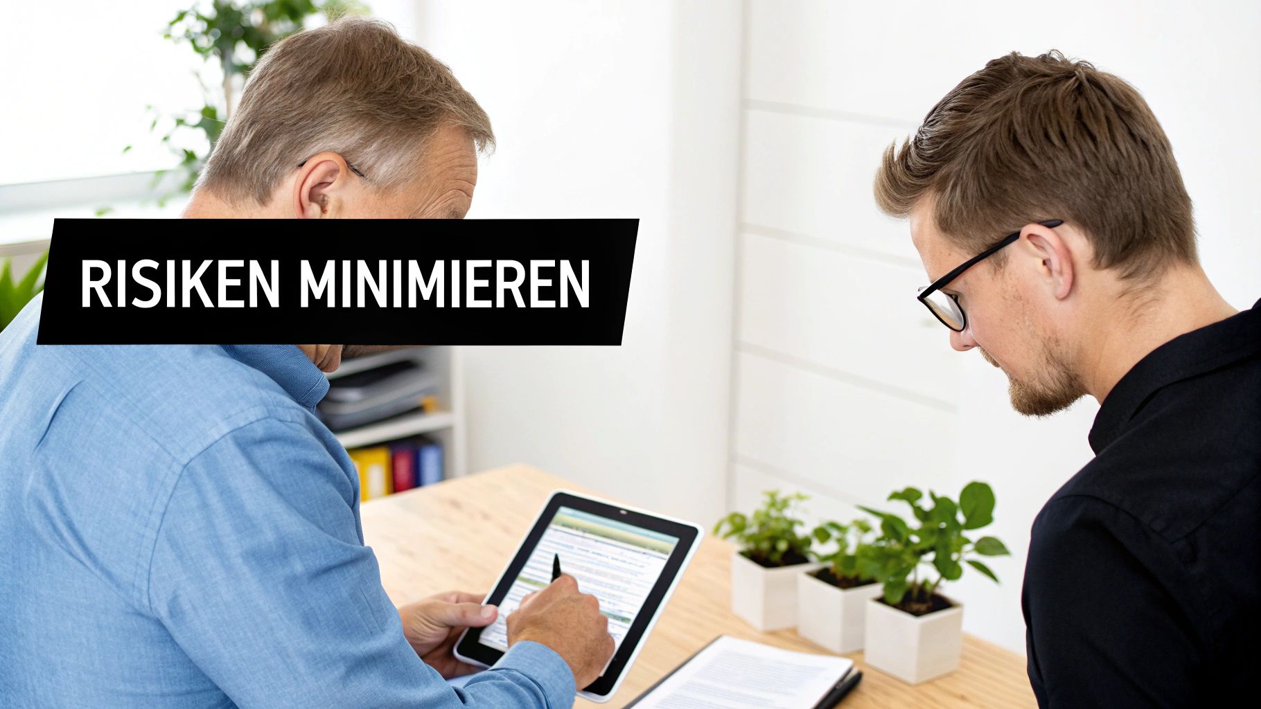 Zwei Männer besprechen Risikominimierung, einer nutzt ein Tablet. Der Banner 'RISIKEN MINIMIEREN' ist sichtbar.