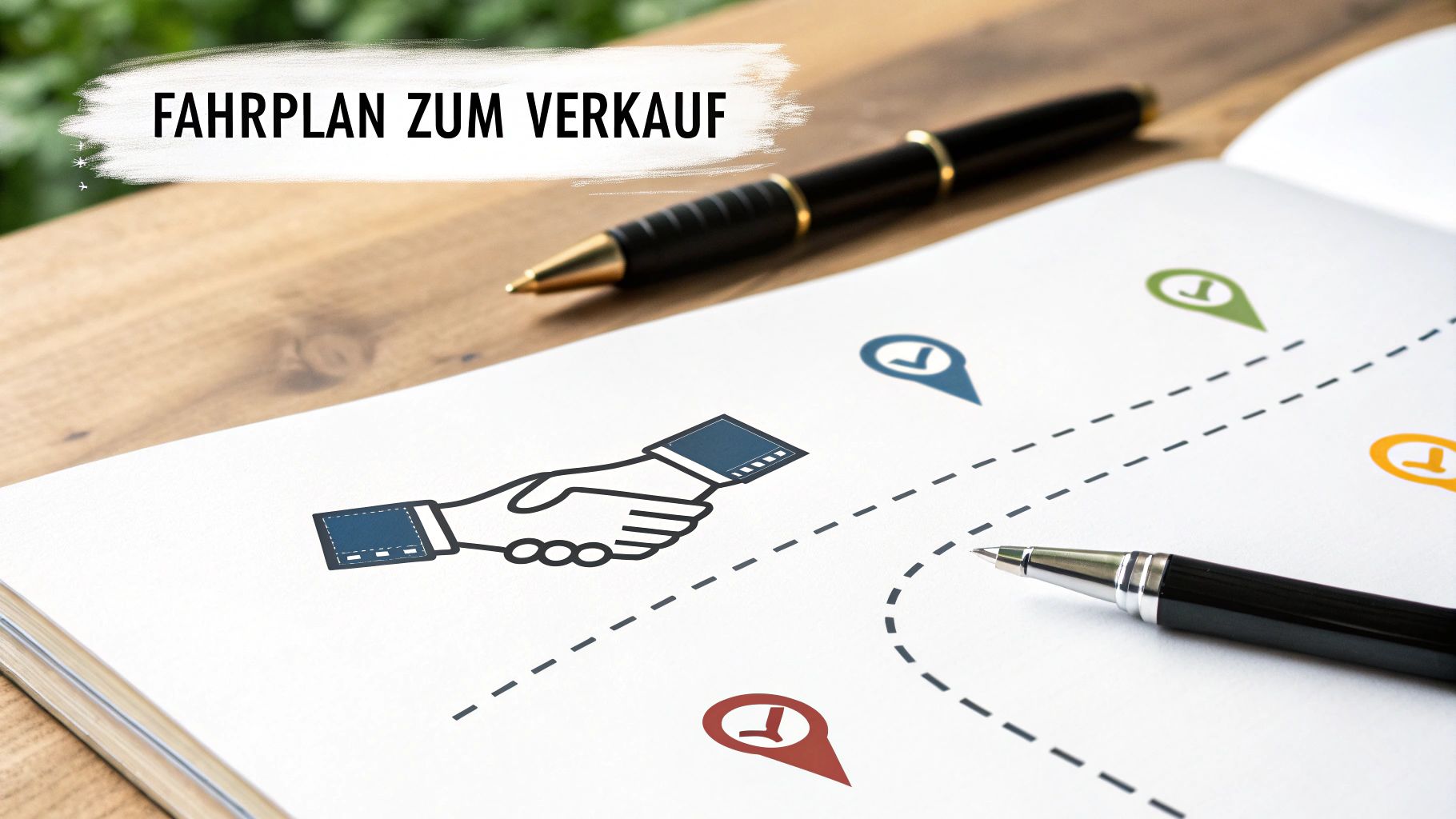 Ein offenes Notizbuch zeigt einen Fahrplan zum Verkauf mit Handschlag-Symbol, Routenführung und Stiften.