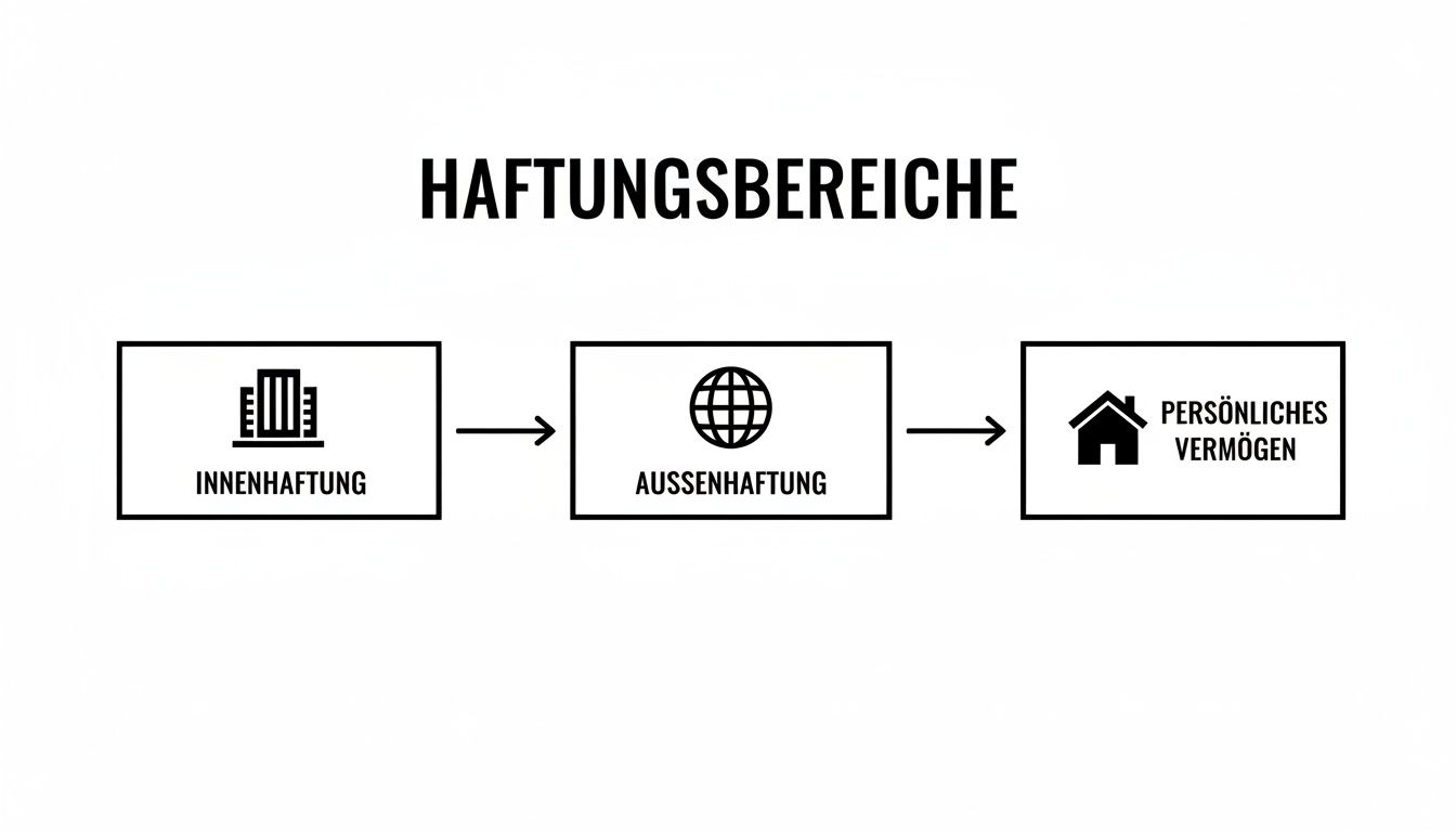 Flussdiagramm zur Haftung: Innenhaftung, Außenhaftung und persönliches Vermögen, verbunden durch Pfeile.