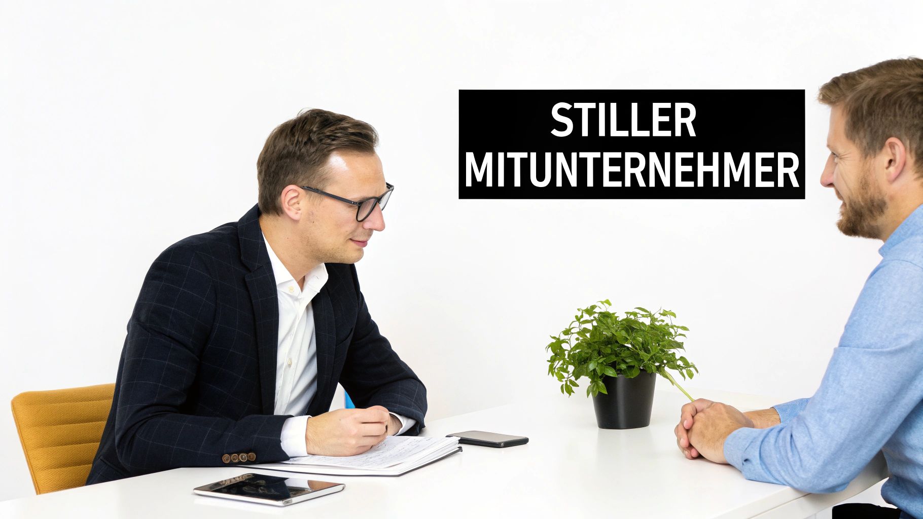 Zwei Männer diskutieren am Schreibtisch; im Hintergrund steht „STILLER MITUNTERNEHMER“ auf einem schwarzen Schild.