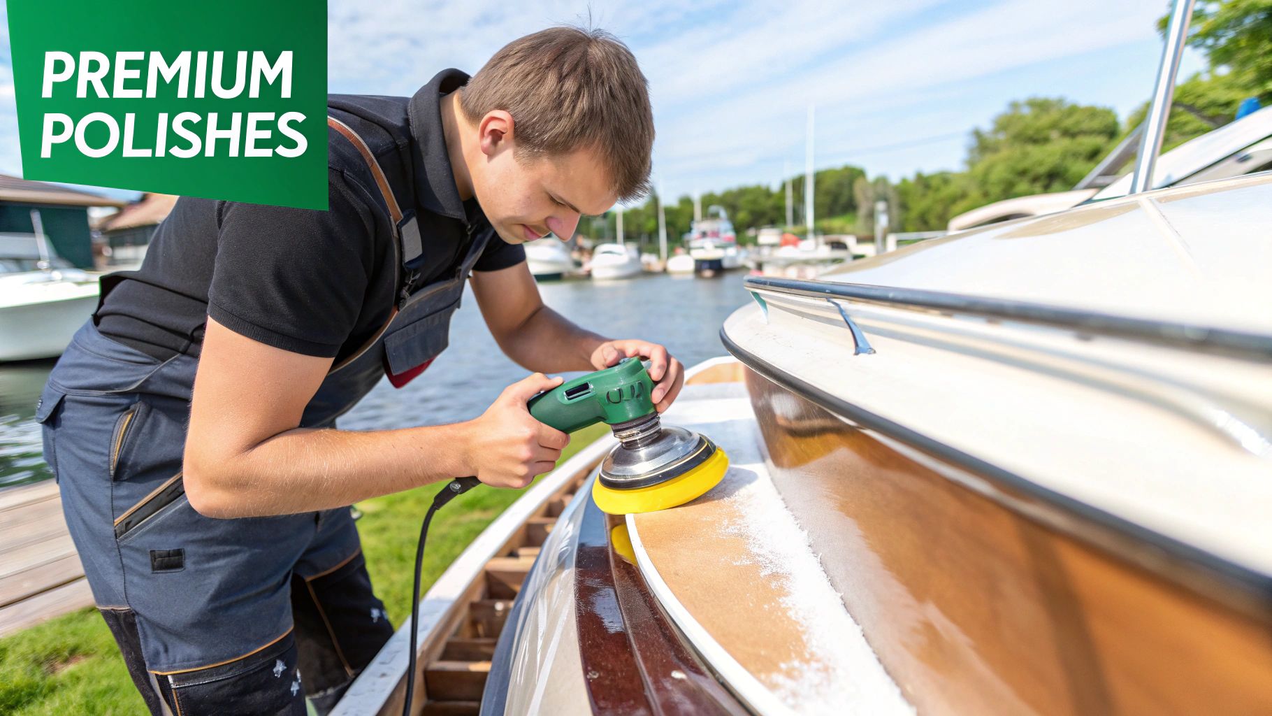 A person in blue gloves carefully polishing the glossy white hull of a boat with a machine buffer.