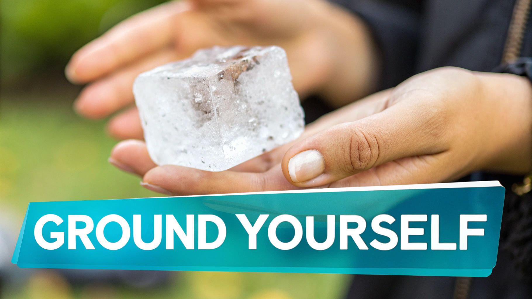 A person practicing a grounding technique by touching a plant to overcome intrusive thoughts