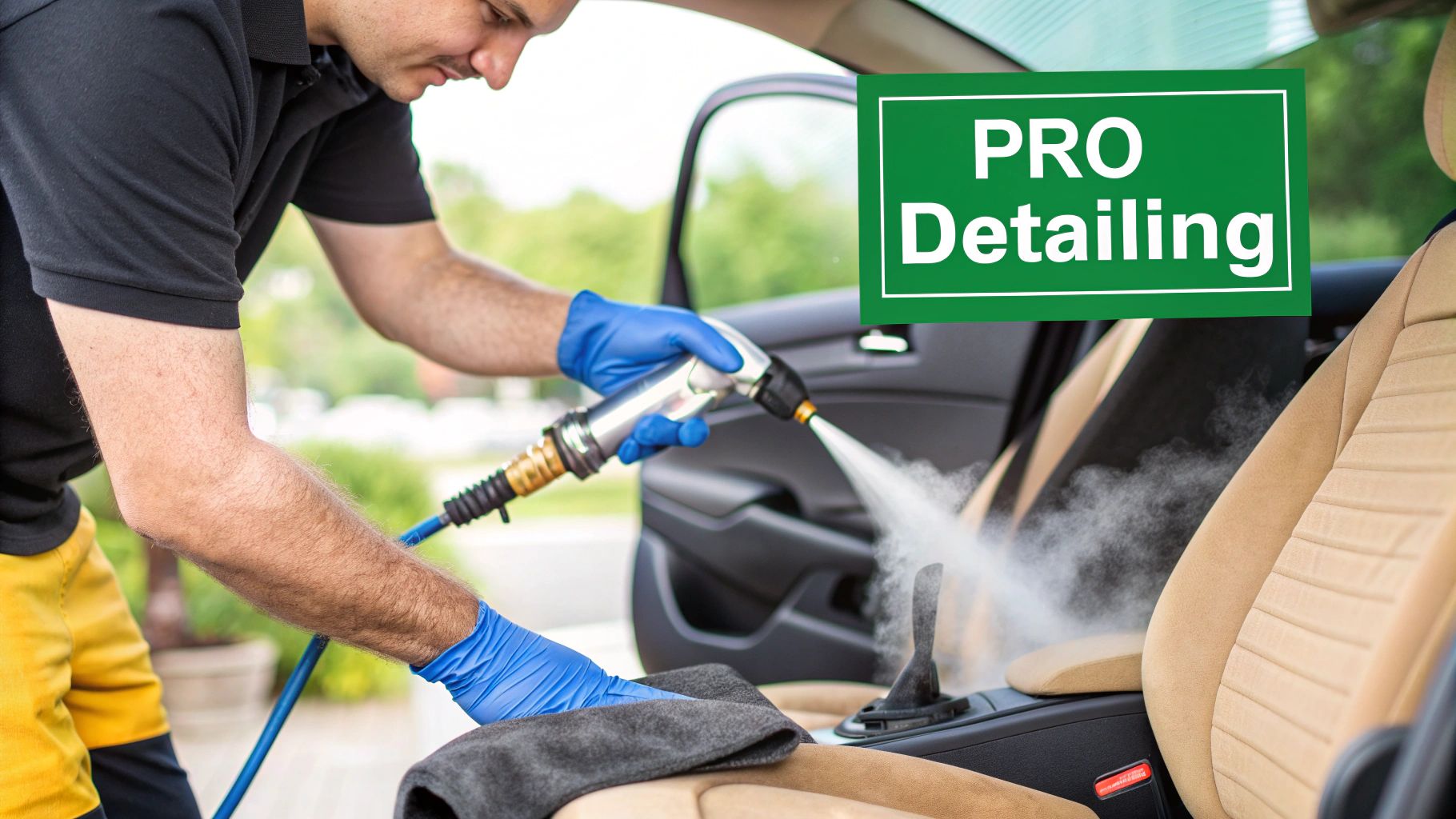 A professional auto detailer steam cleaning the interior of a car.