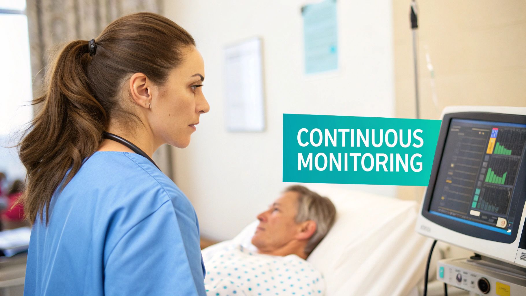 A medical professional carefully checks monitoring equipment in a calm clinical setting, symbolizing patient safety.