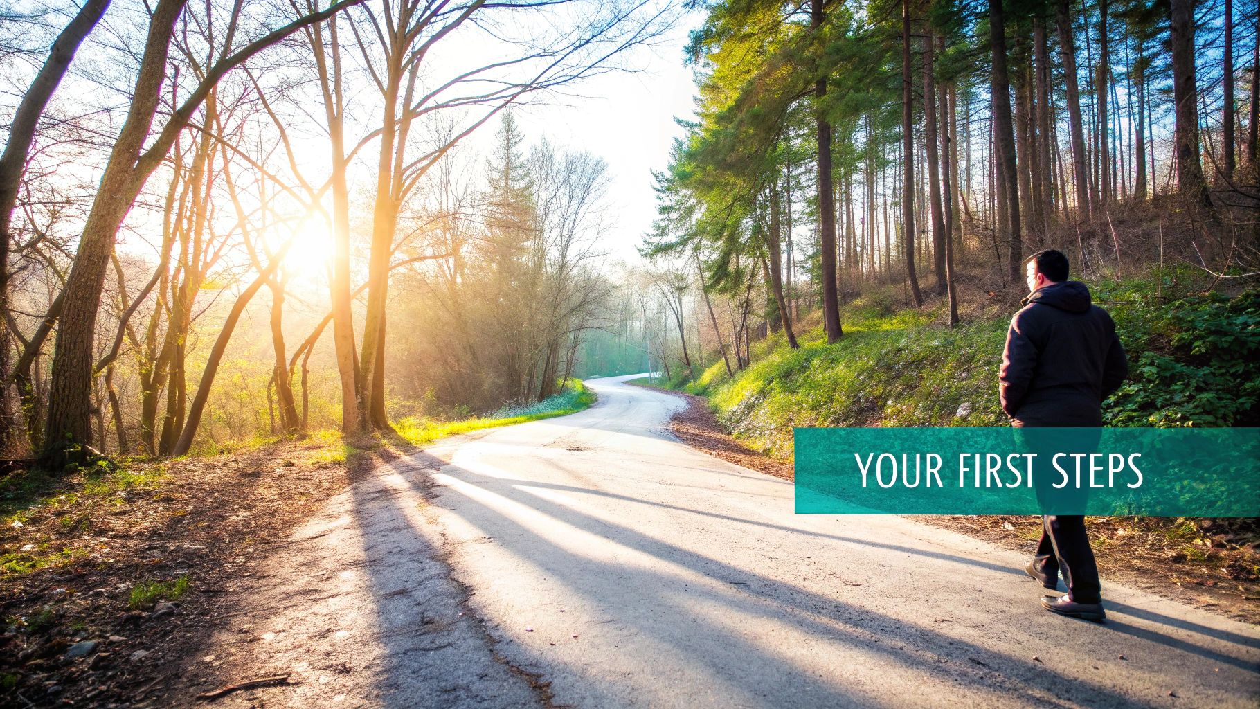 A person sitting calmly on a dock, looking out at a peaceful lake at sunrise, representing the first step towards anxiety relief.