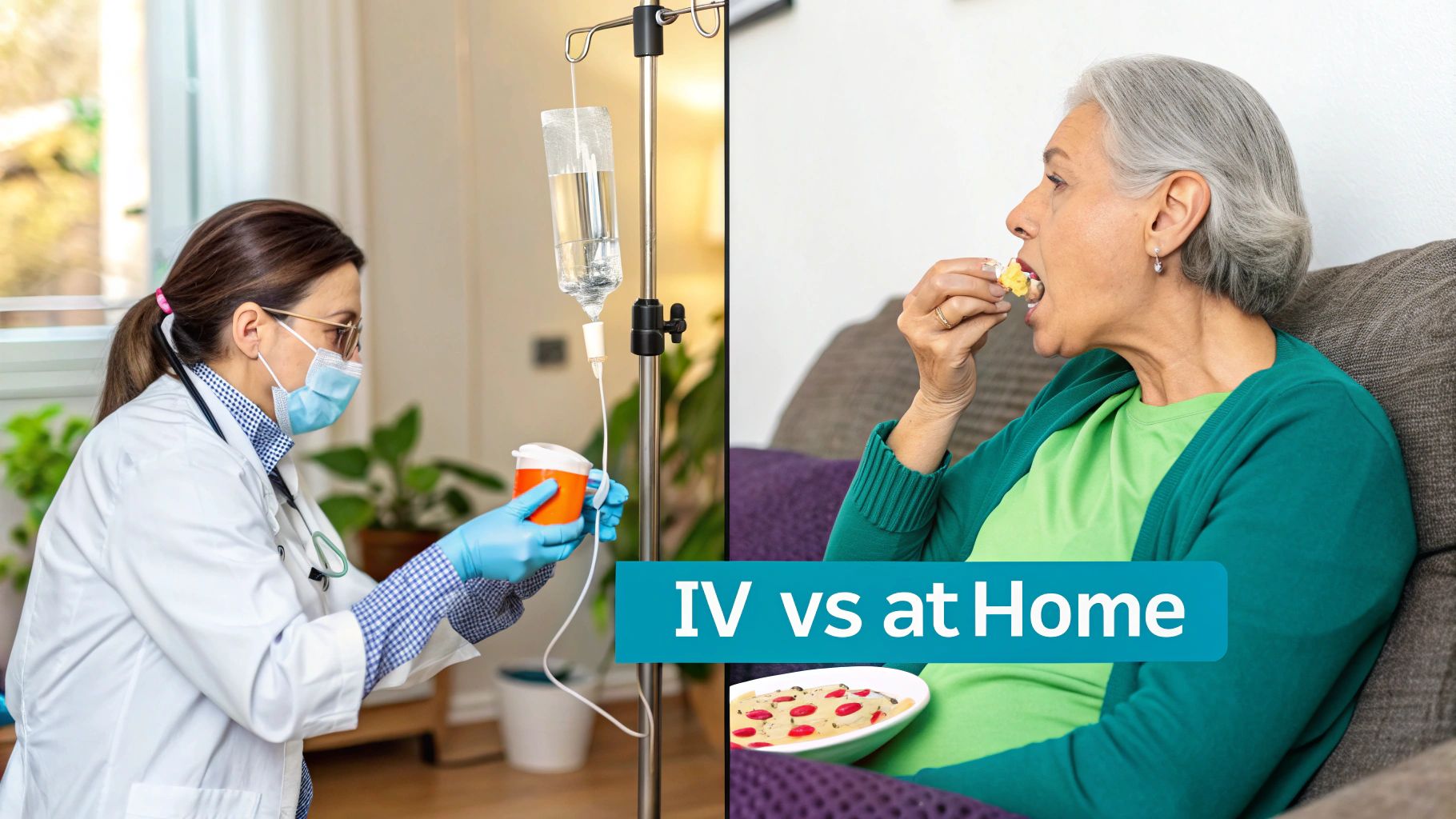 A healthcare professional preparing an IV drip in a calm clinical setting