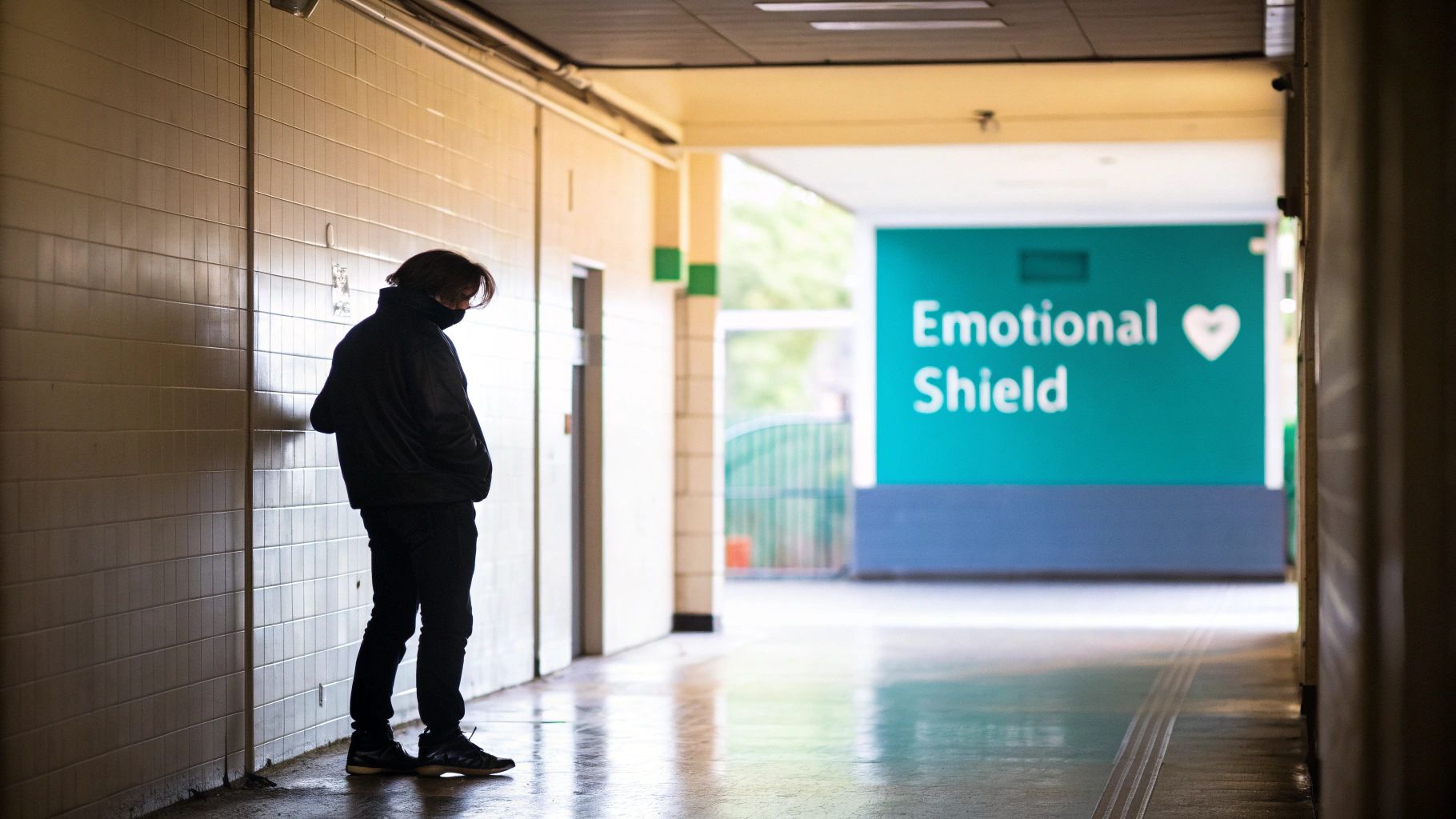 A person sitting alone, head in their hands, conveying a sense of emotional withdrawal and distance.