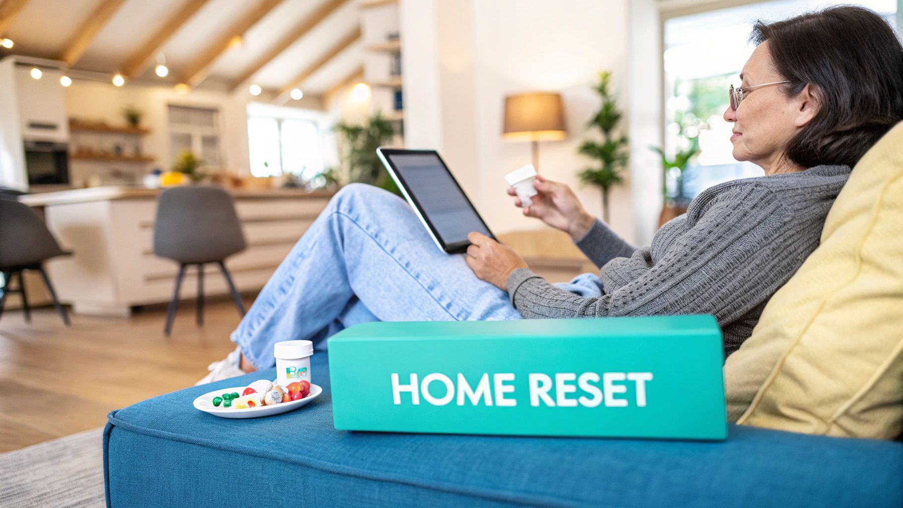 A person holding a sublingual ketamine troche in their hand, with a calm, comfortable home setting in the background, representing at-home treatment.