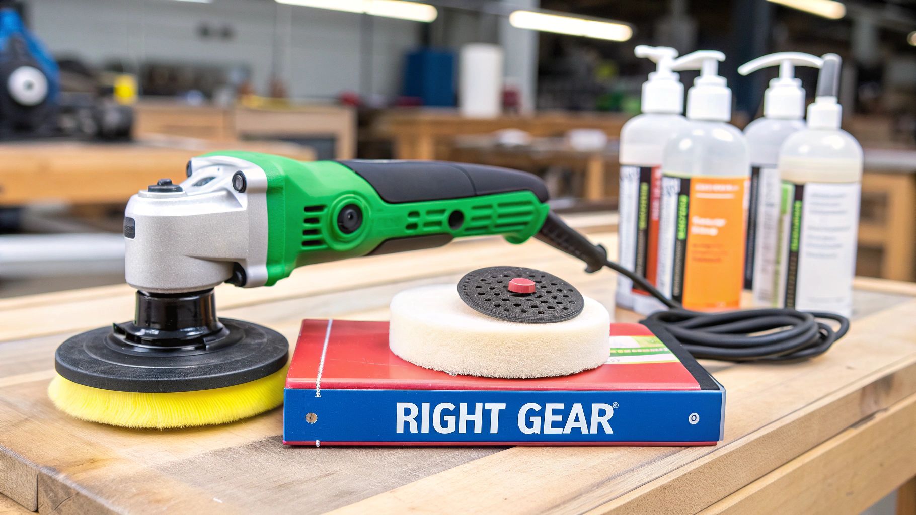 A collection of car detailing tools including a polisher, microfiber towels, and various buffing pads.