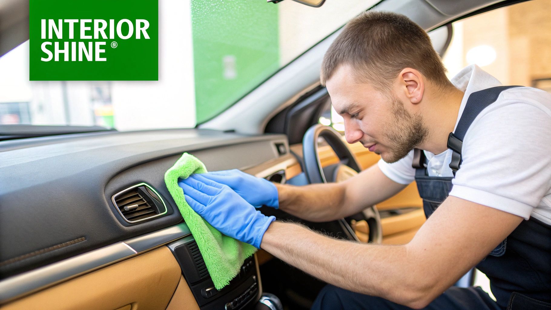 A car detailing technician meticulously polishing the exterior of a dark gray luxury sedan.