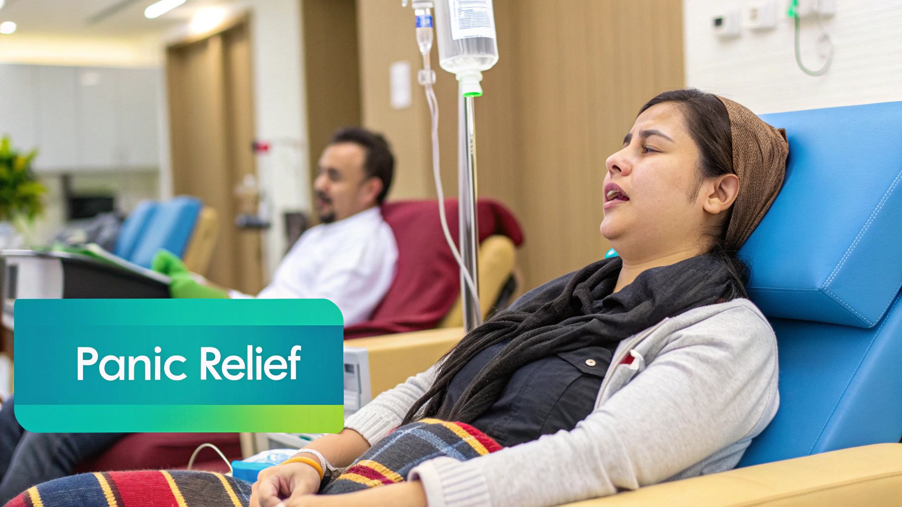 A patient receiving an IV ketamine infusion in a calm, clinical setting.