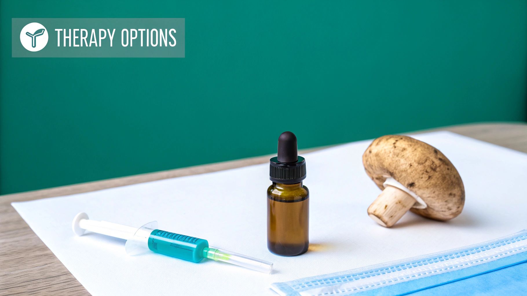A bottle of psilocybin capsules and a bottle of ketamine capsules side-by-side, representing treatment choices.