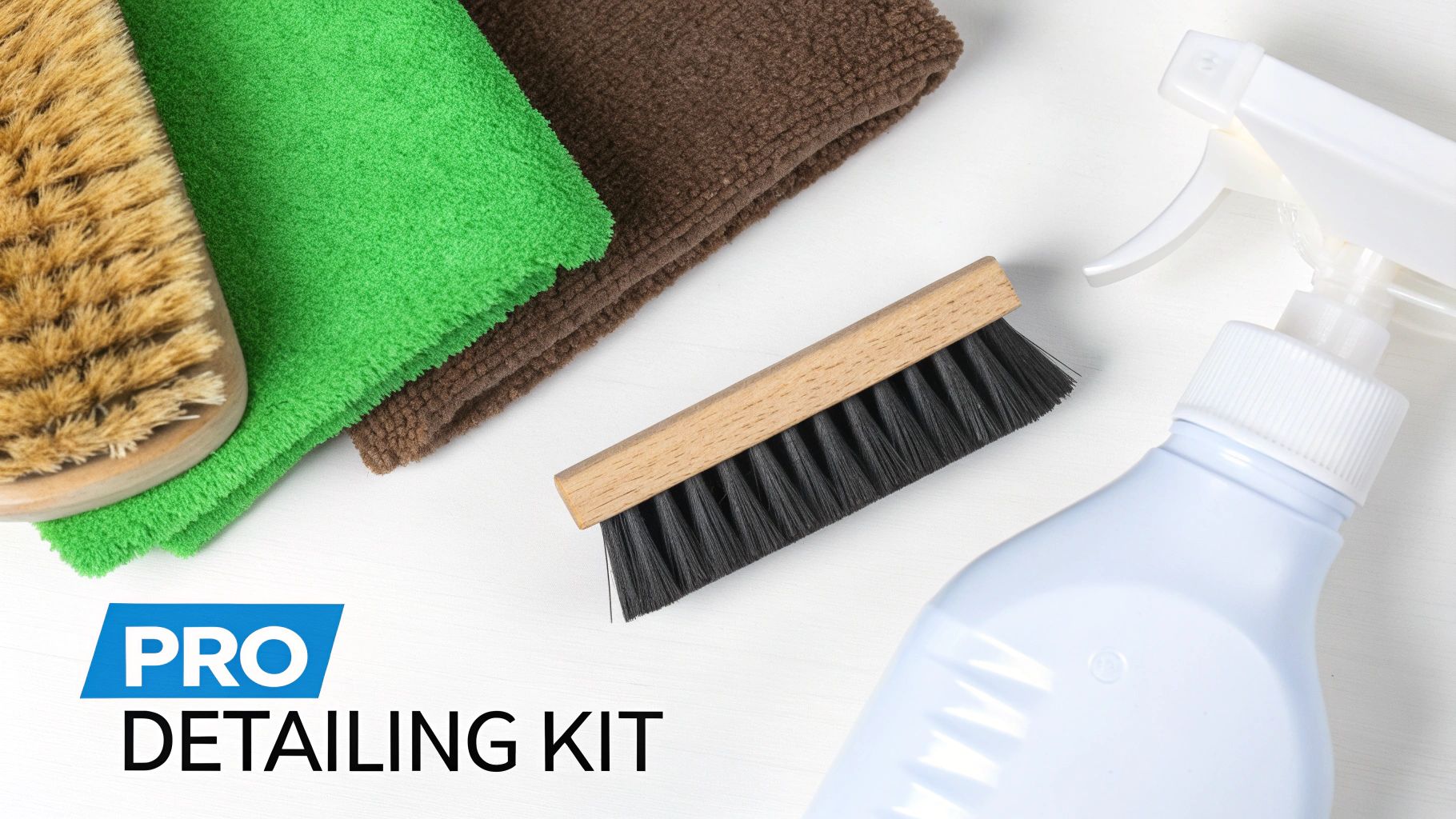 An organized collection of car detailing tools and products, including brushes, microfiber towels, and spray bottles.